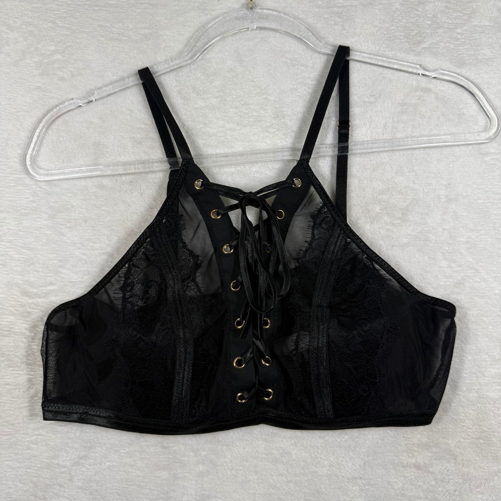 iCollection Black Lace Mesh Lace-Up Bralette High Neck Halter Bra Top Large 7711